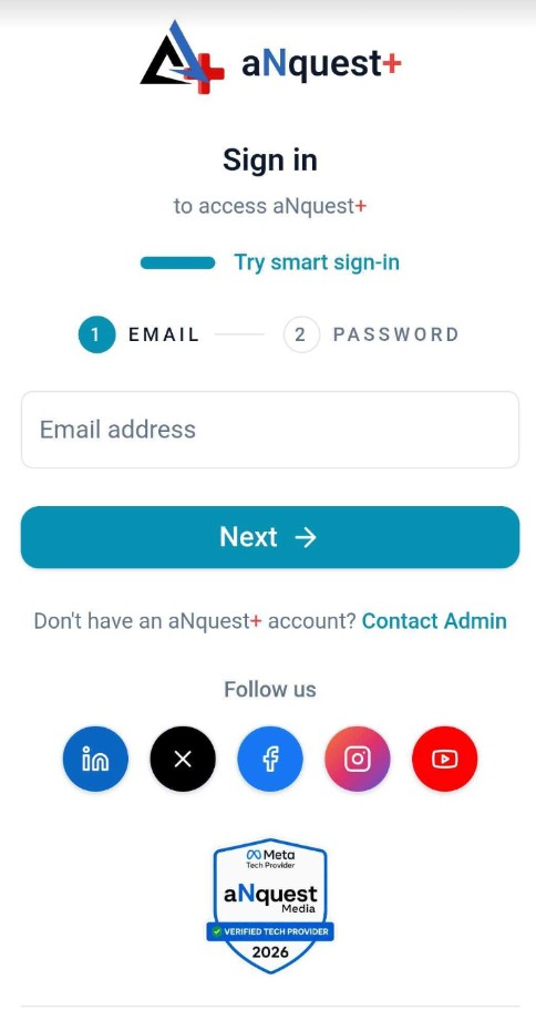 aNquest+ EMR mobile app sign-in screen